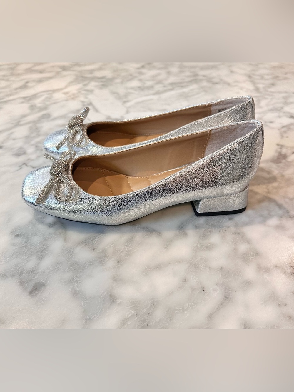 Kelly & Katie Silver Metallic Low Heel with Rhinestone Bow